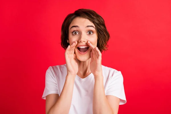 Retrato de chica alegre atractiva diciendo noticias info oferta rumor aislado sobre fondo de color rojo brillante — Foto de Stock