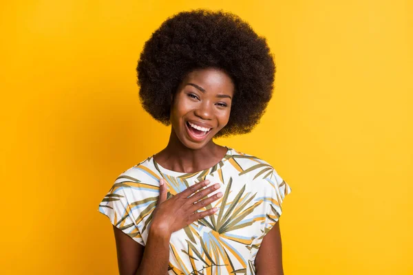 Close up photo on funny wavy hairdo person laughing arm on chest isolated on vibrant yellow color background — Stok Foto