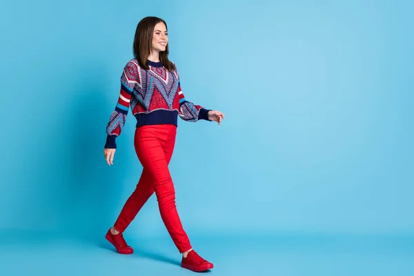 Teljes hossz testméret fotó lány piros nadrágban kötött pulóver séta előre mosolygós elszigetelt élénk kék szín háttér másolás — Stock Fotó