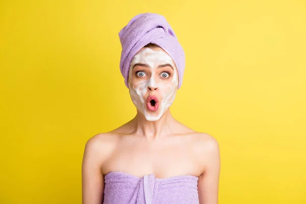 Close-up portrait of pretty funky amazed girl wearing foam mask pout lips isolated over bright yellow color background — ストック写真