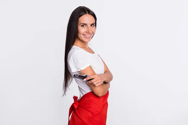 Profilfoto von optimistischen Brünette lange Frisur Dame mit Bürste tragen T-Shirt Schürze isoliert auf grauem Hintergrund — Stockfoto