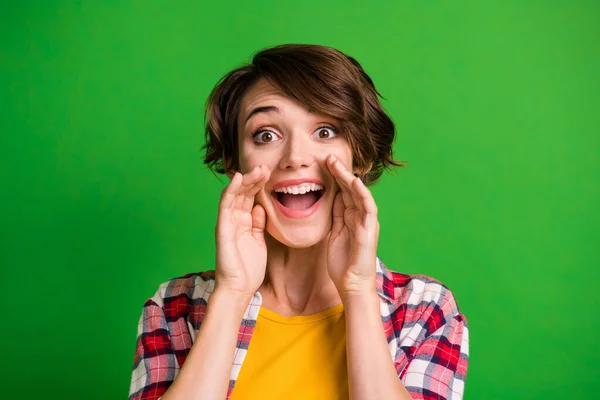 Foto de alegre legal senhora mãos em torno de boca grito xadrez roupas isoladas no fundo de cor verde — Fotografia de Stock