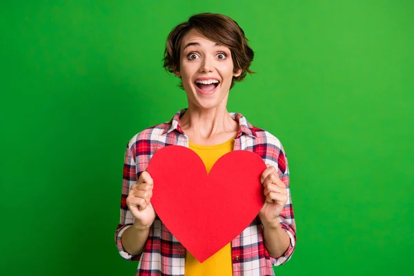 Retrato de engraçado atraente pessoa mãos segurar coração forma aberta boca camisa quadriculada isolado no fundo de cor verde — Fotografia de Stock