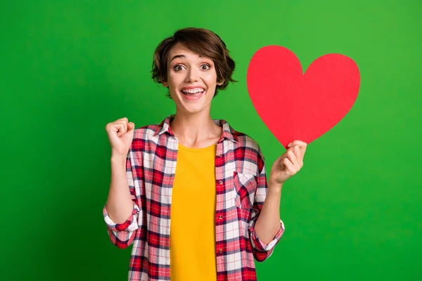 Foto de la atractiva dama puño arriba de la mano sostiene la figura del corazón camisa a cuadros aislada sobre fondo de color verde — Foto de Stock