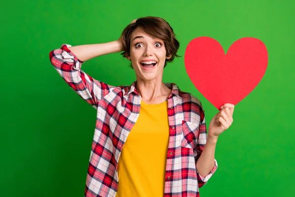 Retrato de engraçado senhora braço atrás cabeça coração figura aberto boca estilo xadrez camisa isolada no verde cor fundo — Fotografia de Stock