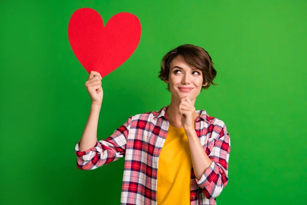 Foto da pessoa inteligente mente olhar espaço vazio mão segurar forma de coração camisa xadrez isolado no fundo de cor verde — Fotografia de Stock