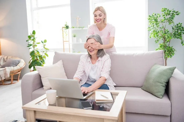 Full body photo of grey haired retired woman blonde lady sit sofa close eyes surprise work laptop in house indoors