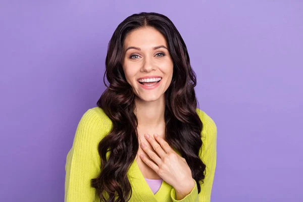 Photo portrait of pretty woman laughing put hands on chest isolated on pastel violet color background — 图库照片