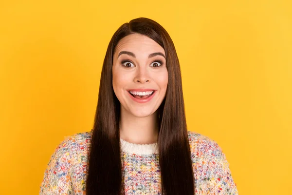 Photo of amazed happy nice young charming woman smile good mood wear pullover isolated on yellow color background — 图库照片