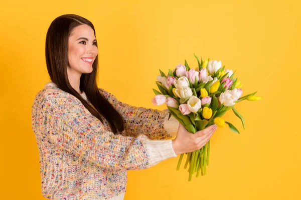 Profil boční fotografie veselá šťastná dáma držet ruce tulipány dát prázdný prostor úsměv izolované na záři žlutá barva pozadí — Stock fotografie