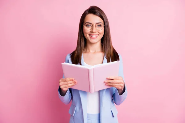 Photo of young woman happy positive smile hold notebook organizer isolated over pastel color background — Stock Photo, Image