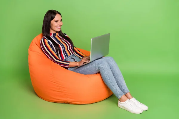 밝은 녹색 배경 위에 격리 된 노트북 웹 대학을 사용하여 의자에 앉아 있는 유쾌하고 숙련 된 소녀의 모습 — 스톡 사진