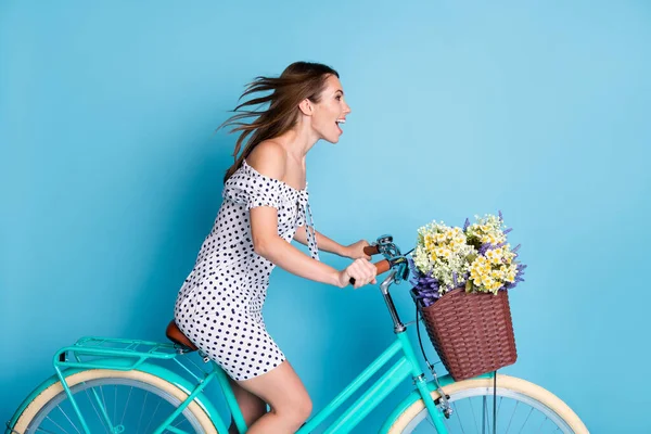 여자가 자전거를 타는 모습의 전체 프로필 사진은 빈 우주복을 입고 있고 파란 바탕에 짧은 드레스가 그려져 있다 — 스톡 사진