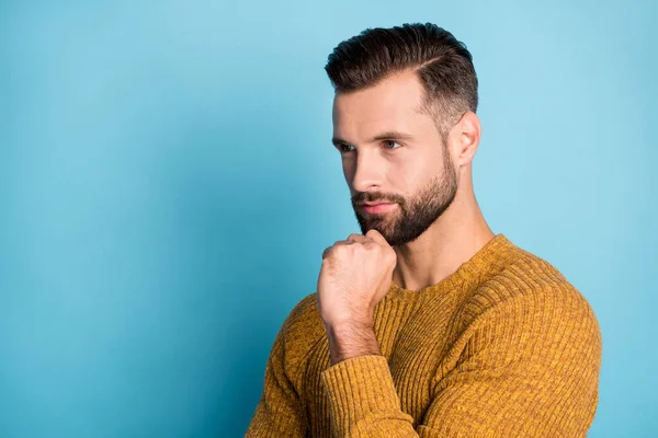 Profile side view portrait of nice attractive serious guy wearing modern haircut copy space isolated over bright blue color background — Stock Photo, Image