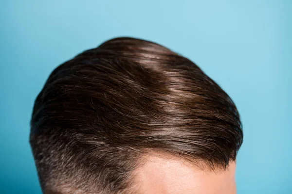 Cropped photo of young attractive handsome man with perfect shining silky hairstyle isolated on blue color background — Stock Photo, Image