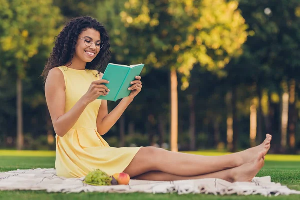 Adatlap oldal nézet portré elég vidám fókuszált lány ül kockás időt olvasás könyv hobbi a parkban szabadban — Stock Fotó