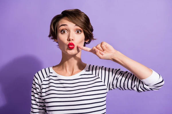 Portrait of nice-looking lovely short hairdo girl touching cheek kiss me isolated over violet color background — Stock Photo, Image