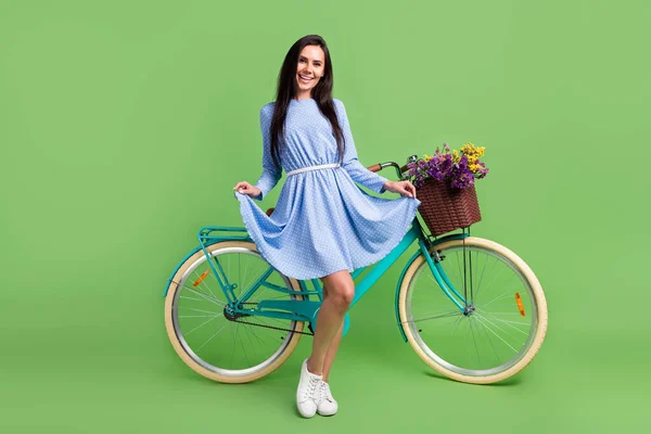 Foto de confiante engraçado jovem mulher vestida azul roupa segurando vestido saia bicicleta sorrindo isolado cor verde fundo — Fotografia de Stock