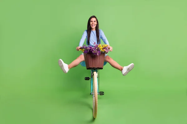 Foto wanita muda yang cukup funky mengenakan pakaian berbintik-bintik tersenyum mengendarai bunga sepeda terisolasi hijau latar belakang warna — Stok Foto