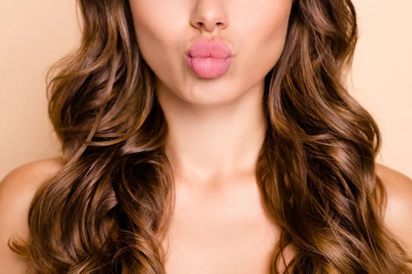 Cropped photo of nice long hairdo lady blow kiss without clothes isolated on pastel beige color background — Stock Photo, Image