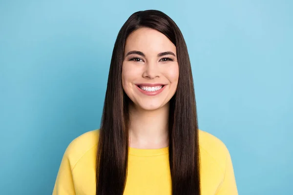 Portrait of nice optimistic brunette lady wear yellow shirt isolated on bright blue color background — Stock Photo, Image