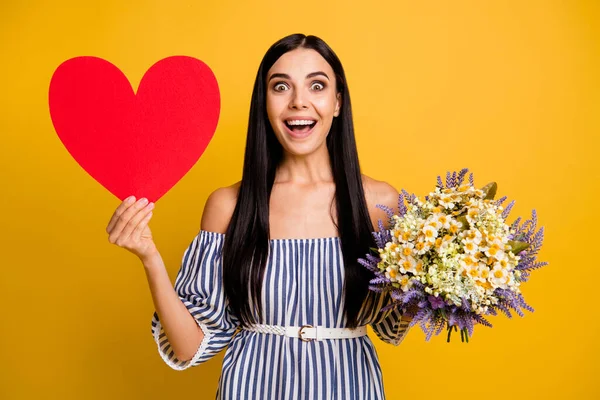 Foto de encantador animado jovem senhora desgaste listrado segurando vermelho coração buquê de flores isolado cor amarela fundo — Fotografia de Stock