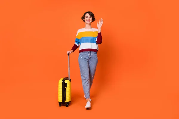 Foto de brillante bonita mujer joven usar desgaste a rayas suéter maleta agitando brazo aislado de color naranja fondo —  Fotos de Stock