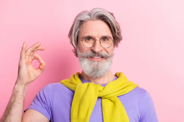 Close-up portrait of attractive cheerful gray-haired man showing ok-sign trust advert isolated on pink pastel color background — Stock Photo, Image