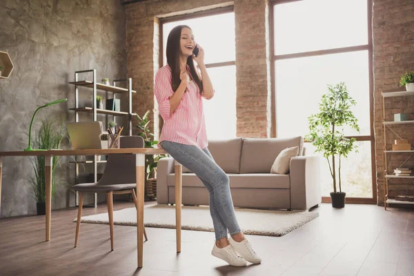 Foto de perfil de tamaño completo de la mujer morena optimista hablar teléfono sentarse en la mesa llevar camisa rosa jeans zapatillas estudio desde casa —  Fotos de Stock