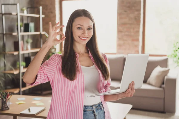 Fotografie optimistické pěkné brunetky typ notebook show okey znamení nosit růžové tričko práce z domova — Stock fotografie