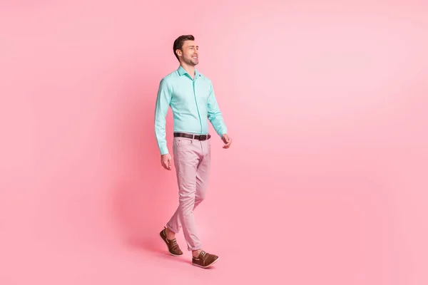 Full length body size photo of businessman in formal wear going forward on meeting isolated on pastel pink color background — Stock Photo, Image