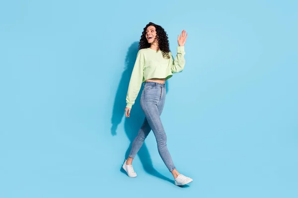 Foto de perfil de longitud completa de chica alegre caminando mirada vacío espacio brazo palmera onda aislada sobre fondo de color azul —  Fotos de Stock