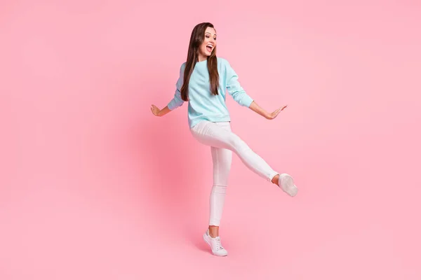 Full body portrait of attractive person enjoy vacation open mouth isolated on pastel pink color background — Stock Photo, Image