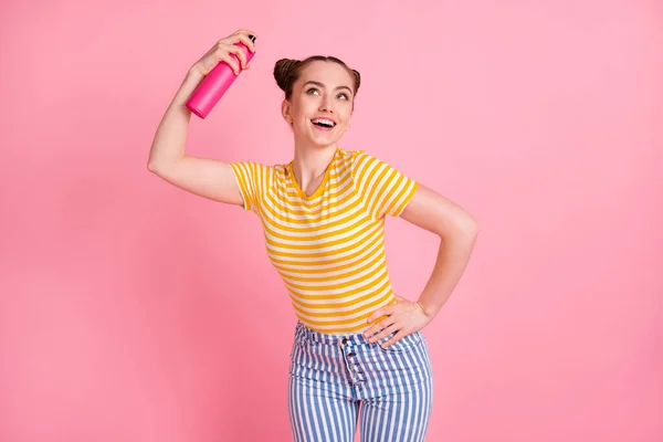 Photo of charming young lady arm hold hairdresser look empty space isolated on pink color background — Stock Photo, Image