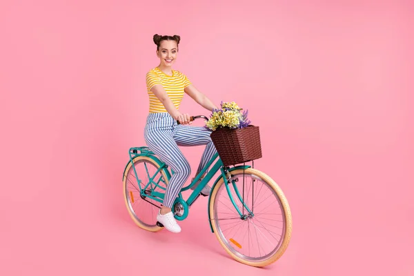 Pełna długość profil zdjęcie uroczej dziewczyny siedzieć na rowerze kwiaty w koszyku izolowane na różowym tle kolor — Zdjęcie stockowe
