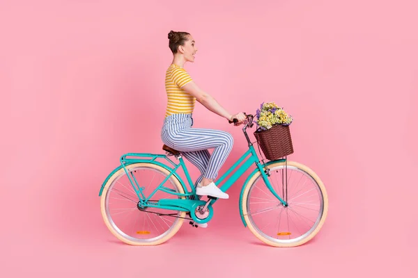 Full Size Profilfoto von optimistisch schön brünett Fahrt Fahrrad tragen T-Shirt Hose isoliert auf rosa Hintergrund — Stockfoto