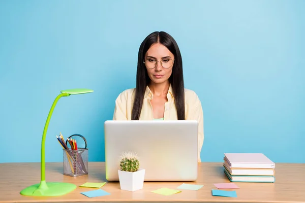 Foto de concentrado olhar jovem mulher séria ler laptop sentar trabalho de mesa remoto isolado no fundo de cor azul pastel — Fotografia de Stock