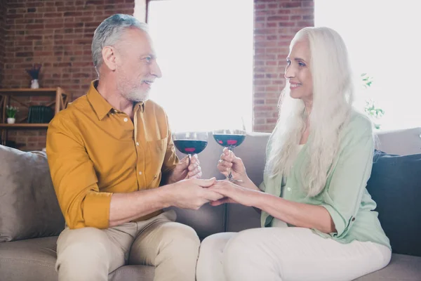 Foto de encantador alegre velho homem e mulher casal família segurar vinho de vidro mãos aniversário dentro de casa — Fotografia de Stock