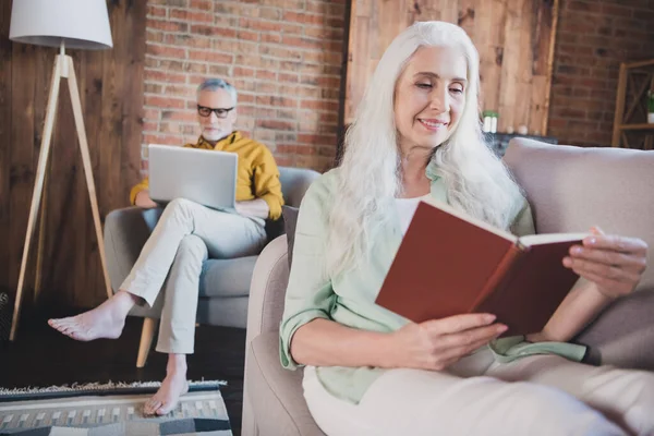 Фото привлекательной мирной пожилой пары сидеть диван-стул читать книги смотреть ноутбук карантин в помещении дома — стоковое фото