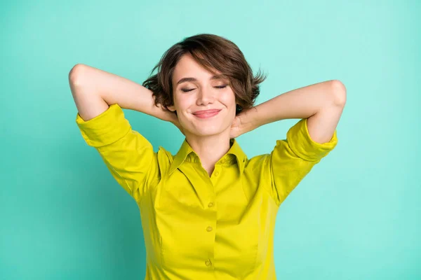 Portrait of attractive cheerful dreamy girl resting imagination isolated on bright blue color background — Stock Photo, Image