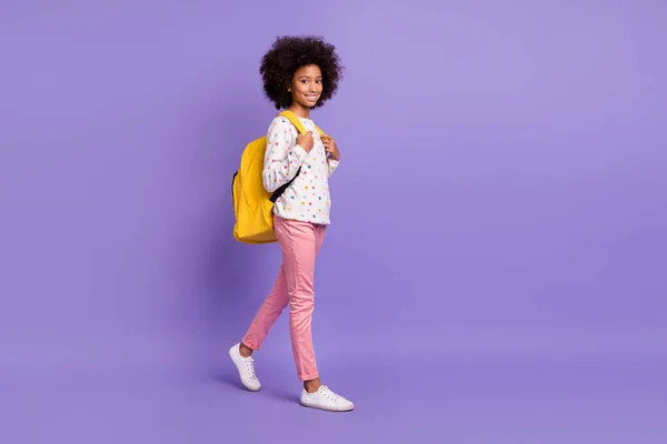 Foto de perfil de corpo inteiro da menina de cabelos castanhos afro-americano usar calças rosa saco ir copyspace isolado no fundo cor violeta — Fotografia de Stock