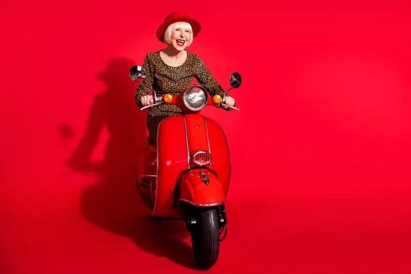 Full body foto van opgewonden oude vrouw gelukkig positieve glimlach rit scooter reis geïsoleerd over rode kleur achtergrond — Stockfoto
