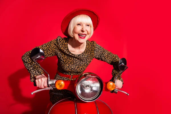 Фото взволнованной пожилой женщины счастливой позитивной улыбкой езды на скутере Tranpost быстро изолированы на красный цвет фона — стоковое фото