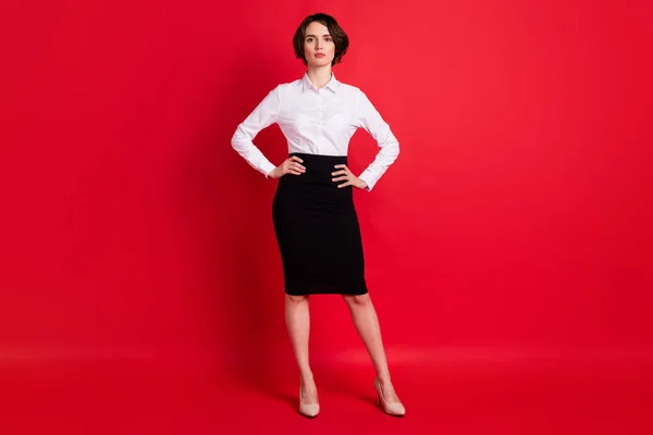 Longitud completa tamaño del cuerpo foto mujer de negocios con camisa blanca falda negra confiado serio aislado sobre fondo de color rojo brillante — Foto de Stock