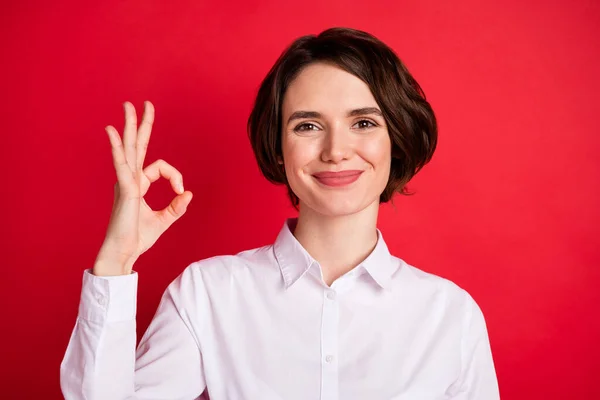 Фотопортрет щасливої ділової жінки, що показує нормальний жест, посміхаючись у формальному одязі, ізольований яскраво-червоний кольоровий фон — стокове фото