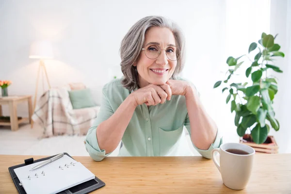 Portret van vrolijke vriendelijke dame handen onder kin tanden glimlach kijk aandachtig camera video chatten huis binnen — Stockfoto