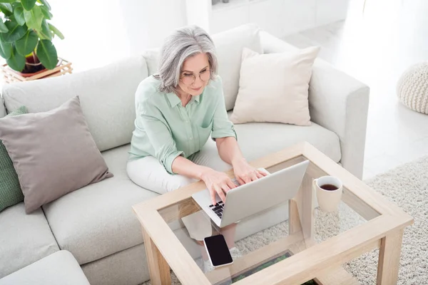 Retrato de visão de alto ângulo da pessoa focada encantadora sentar no sofá olhar laptop ler escrever mensagem de e-mail dentro de casa — Fotografia de Stock