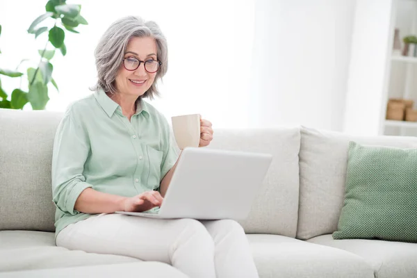 Foto de alegre mulher idosa feliz sentar no sofá mão segurar caneca de café usar laptop fim de semana casa dentro de casa — Fotografia de Stock