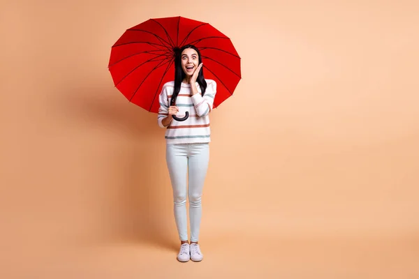 Full size foto van jong gelukkig positief lachend meisje met grote rode parasol hand vasthouden op wang geïsoleerd op beige kleur achtergrond — Stockfoto