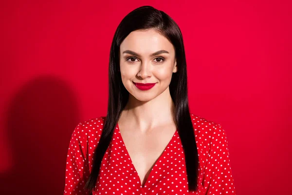 Photo of young classy lady wear red dress isolated on vivid color background — Stock Photo, Image